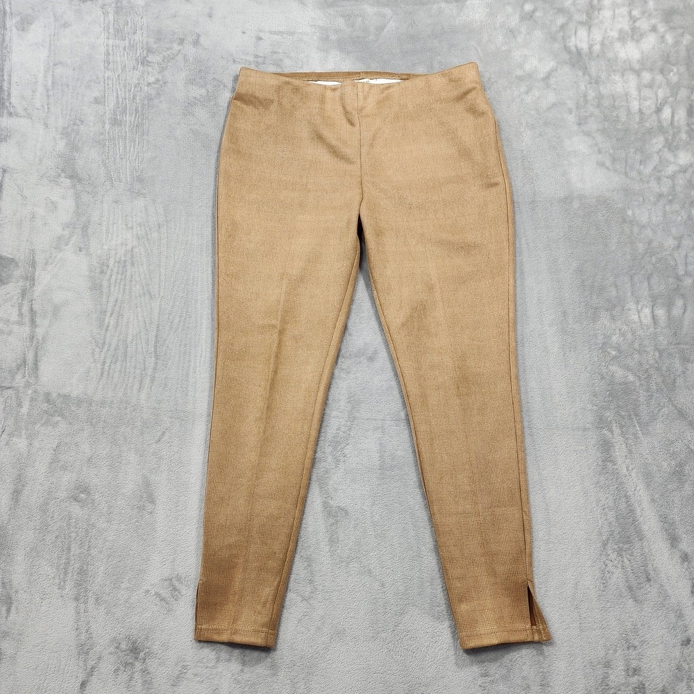 Zac & Rachel Pants Women L Beige Tan Plaid Ponte Slim Slit Ankle Pull On Stretch